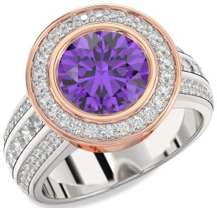 Diamond Amethyst Platinum & Rose Gold Round Halo Pave Engagement Ring