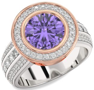Diamond Amethyst Platinum & Rose Gold Round Halo Pave Engagement Ring