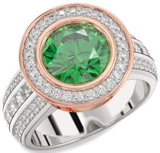 Diamond Emerald Silver & 10K Rose Gold Heart Halo Solitaire Pave Engagement Ring