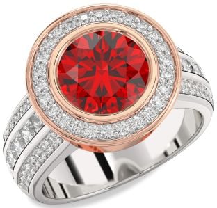 Diamond Ruby Silver & 10K Rose Gold Heart Halo Solitaire Pave Engagement Ring