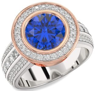 Diamond Blue Sapphire Platinum & Rose Gold Round Halo Pave Engagement Ring