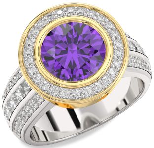 Diamond Amethyst Platinum & Yellow Gold Round Halo Pave Engagement Ring