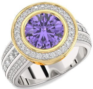 Diamond Amethyst Platinum & Yellow Gold Round Halo Pave Engagement Ring