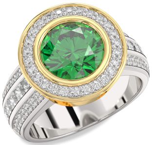 Diamond Emerald Silver & 10K gold Heart Halo Solitaire Pave Engagement Ring