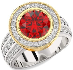 Diamond Ruby Silver & 10K gold Heart Halo Solitaire Pave Engagement Ring