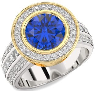 Diamond Blue Sapphire Platinum & Yellow Gold Round Halo Pave Engagement Ring