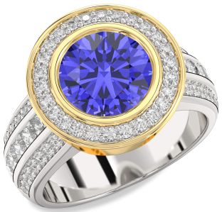 Diamond Amethyst Platinum & Yellow Gold Round Halo Pave Engagement Ring