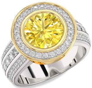 Diamond Amethyst Platinum & Yellow Gold Round Halo Pave Engagement Ring