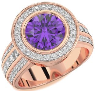 Diamond Amethyst Rose Gold Round Halo Pave Engagement Ring