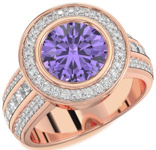 Diamond Amethyst Rose Gold Round Halo Pave Engagement Ring
