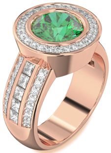Diamond Emerald Rose Gold Round Halo Pave Engagement Ring