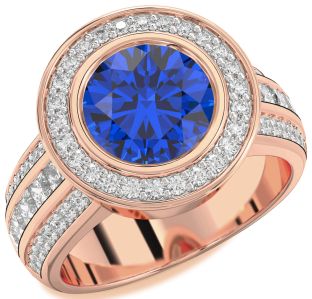 Diamond Blue Sapphire Rose Gold Round Halo Pave Engagement Ring