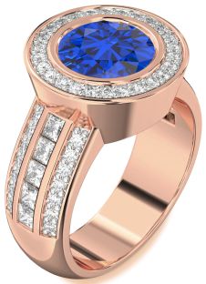 Diamond Blue Sapphire Rose Gold Round Halo Pave Engagement Ring