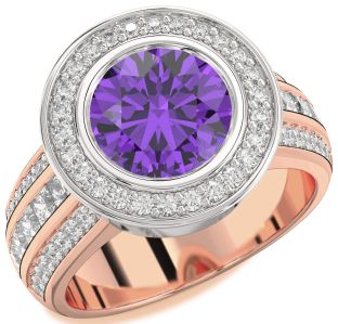 Diamond Amethyst Platinum & Rose Gold Round Halo Pave Engagement Ring