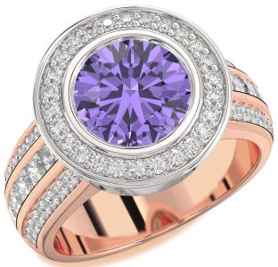 Diamond Amethyst Platinum & Rose Gold Round Halo Pave Engagement Ring