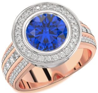 Diamond Blue Sapphire Platinum & Rose Gold Round Halo Pave Engagement Ring