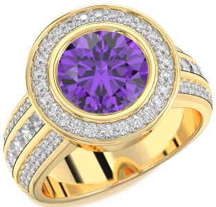 Diamond Amethyst Gold Round Halo Pave Engagement Ring