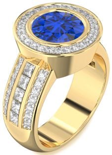 Diamond Blue Sapphire Gold Round Halo Pave Engagement Ring