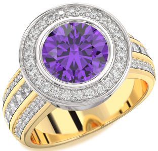 Diamond Amethyst Platinum & Yellow Gold Round Halo Pave Engagement Ring