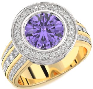 Diamond Amethyst Platinum & Yellow Gold Round Halo Pave Engagement Ring