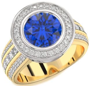 Diamond Blue Sapphire Platinum & Yellow Gold Round Halo Pave Engagement Ring