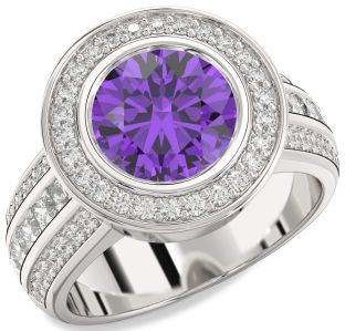 Diamond Amethyst Platinum Round Halo Pave Engagement Ring