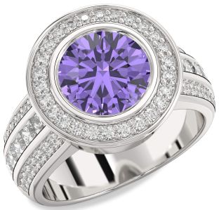Diamond Amethyst Platinum Round Halo Pave Engagement Ring