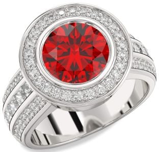 Diamond Ruby Silver Heart Halo Solitaire Pave Engagement Ring
