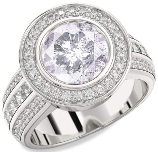 Salt & Pepper Diamond Silver Round Halo Pave Engagement Ring