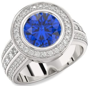 Diamond Blue Sapphire Platinum Round Halo Pave Engagement Ring