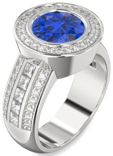Diamond Blue Sapphire Silver Round Halo Pave Engagement Ring