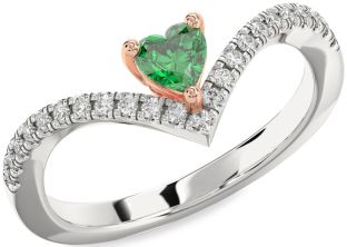 Diamond Emerald Silver & 10K Rose Gold Heart Promise Ring