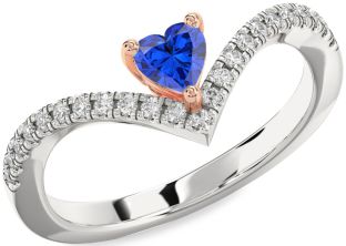 Diamond Blue Sapphire Platinum & Rose Gold Heart Pave Promise Ring