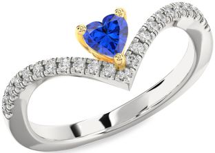Diamond Blue Sapphire Platinum & Yellow Gold Heart Pave Promise Ring