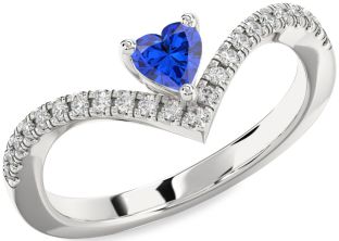 Diamond Blue Sapphire Silver Heart Pave Promise Ring
