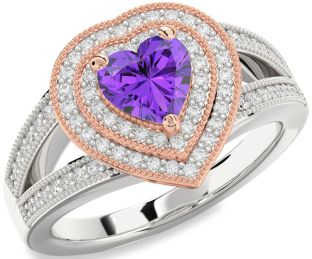 Diamond Amethyst Platinum & Rose Gold Heart Halo Pave Engagement Ring