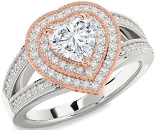 Diamond White Rose Gold Heart Halo Solitaire Pave Engagement Ring