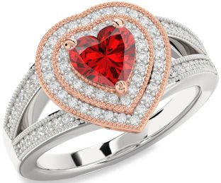 Diamond Ruby Silver & 10K Rose Gold Heart Halo Solitaire Pave Engagement Ring