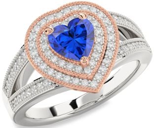 Diamond Blue Sapphire Silver & 10K Rose Gold Heart Halo Pave Engagement Ring