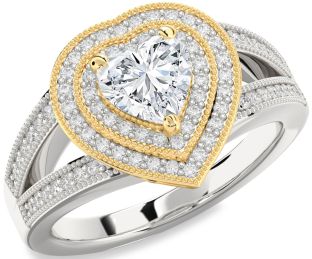 Diamond Silver & 10K gold Heart Halo Solitaire Pave Engagement Ring