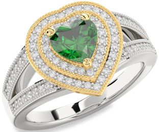 Diamond Emerald Platinum & Yellow Gold Heart Halo Solitaire Pave Engagement Ring