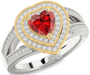 Diamond Ruby Silver & 10K gold Heart Halo Solitaire Pave Engagement Ring