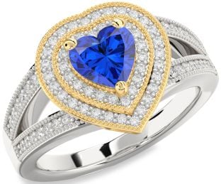 Diamond Blue Sapphire White Yellow Gold Heart Halo Pave Engagement Ring