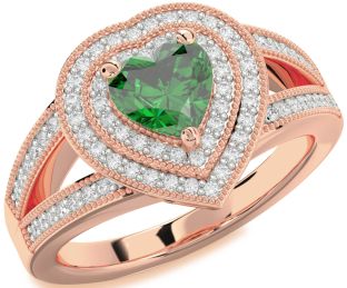 Diamond Emerald Rose Gold Heart Halo Solitaire Pave Engagement Ring