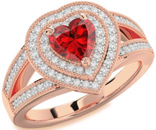Diamond Ruby Rose Gold Heart Halo Solitaire Pave Engagement Ring