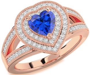 Diamond Blue Sapphire Rose Gold Heart Halo Pave Engagement Ring