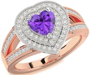 Diamond Amethyst Platinum & Rose Gold Heart Halo Pave Engagement Ring