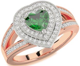 Diamond Emerald Platinum & Rose Gold Heart Halo Solitaire Pave Engagement Ring