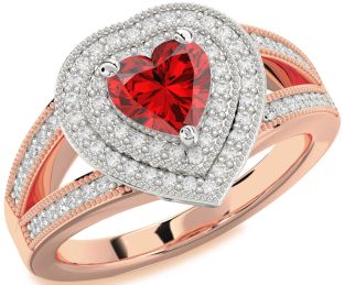 Diamond Ruby White Rose Gold Heart Halo Solitaire Pave Engagement Ring