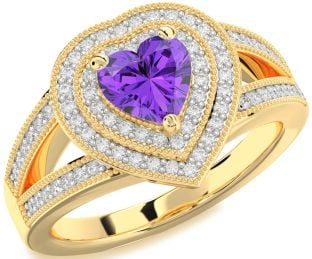 Diamond Amethyst Gold Heart Halo Pave Engagement Ring